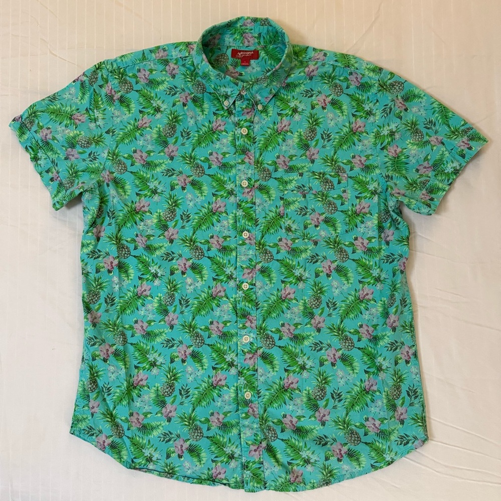 Arizona Jean Company Tropical Floral Shirt with Pocket - Teal and Pink sz L